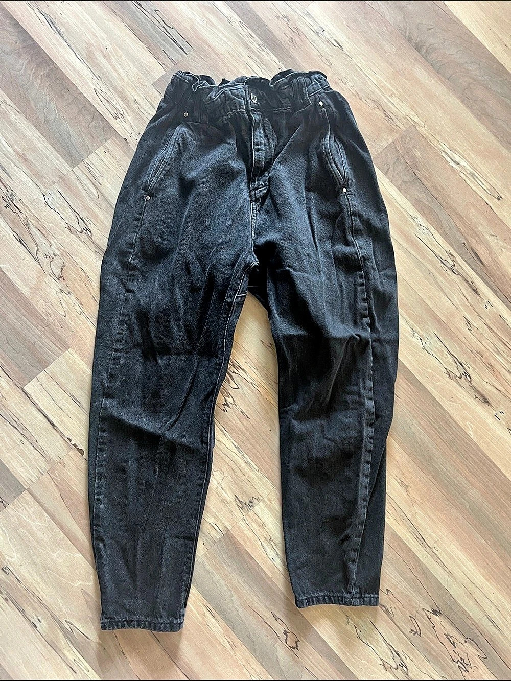 Zara Paperbag Waist Denim Pants Black Ankle Jeans US 4